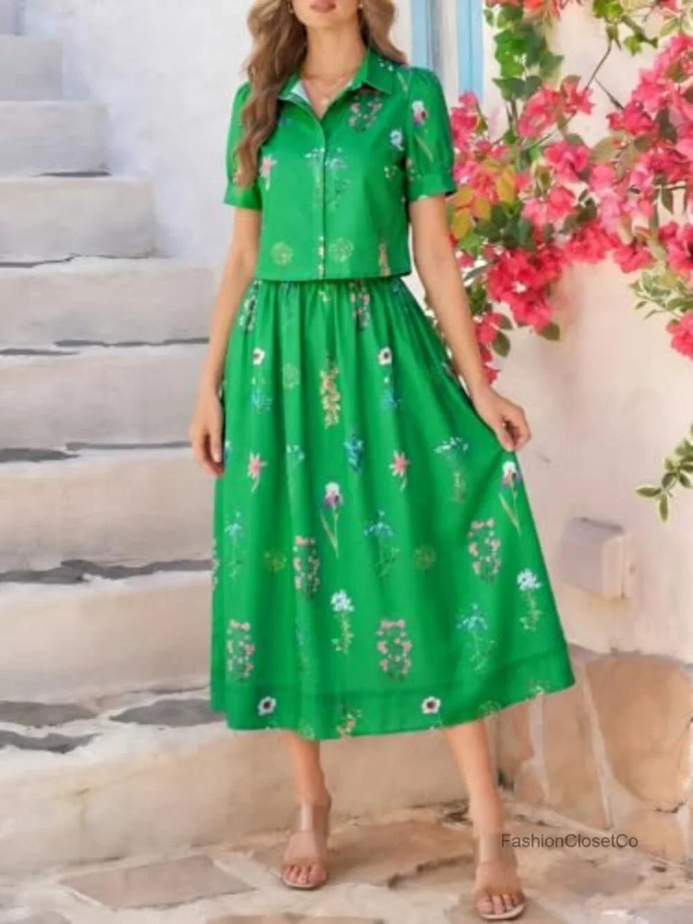 Women's 2 Piece Floral Skirt Set Puff Sleeve Blouse Elastic Waist Matching Set